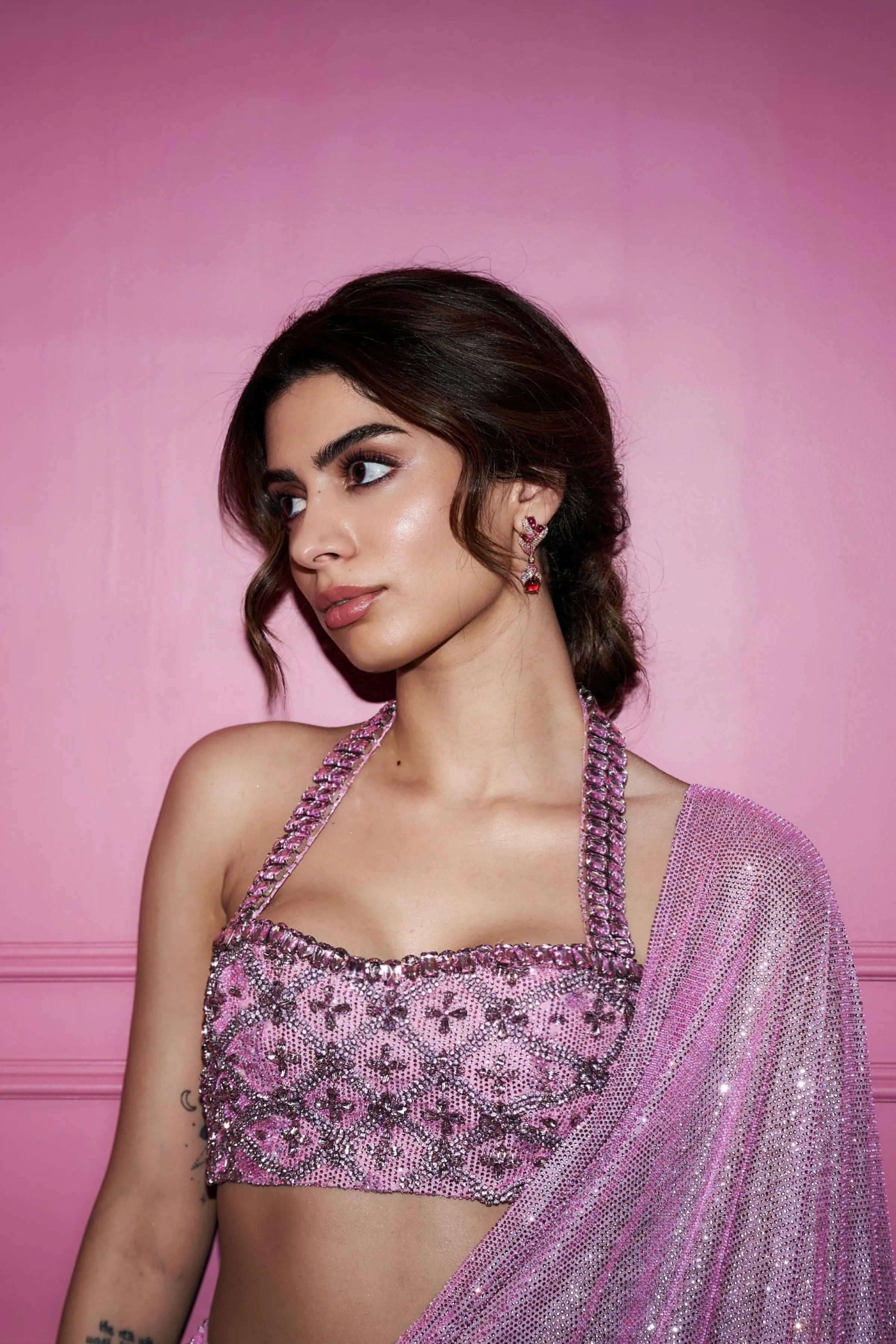 Khushi Kapoor in Pink Mystic Saree Set
