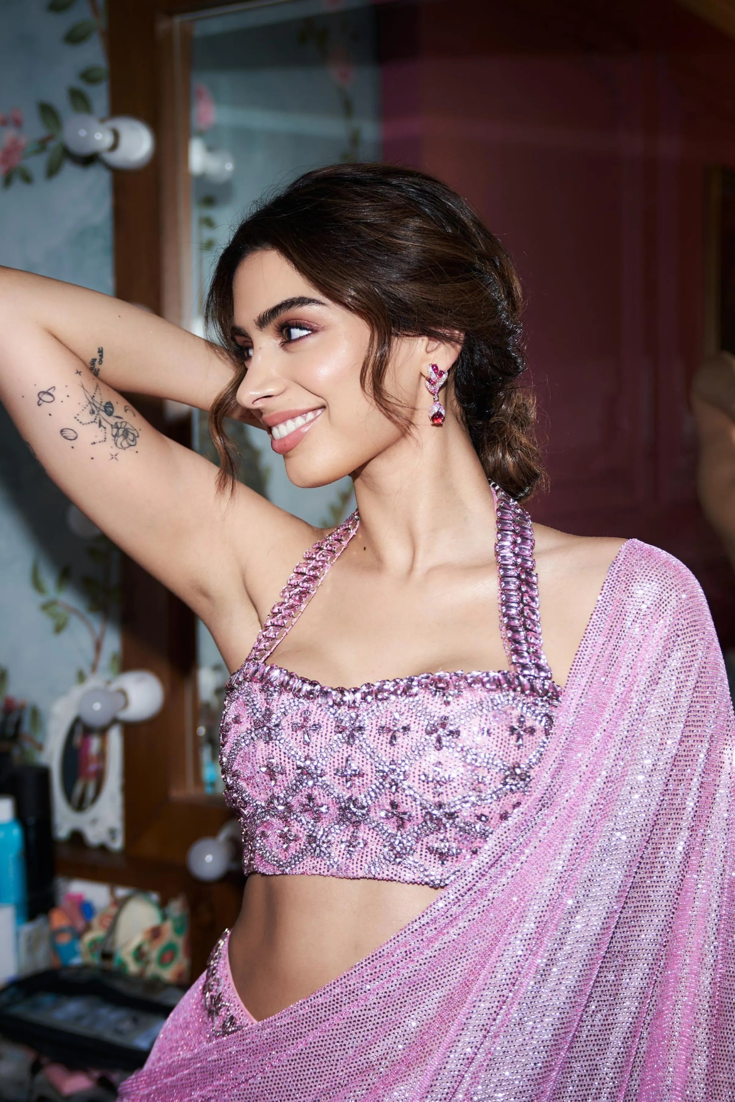 Khushi Kapoor in Pink Mystic Saree Set