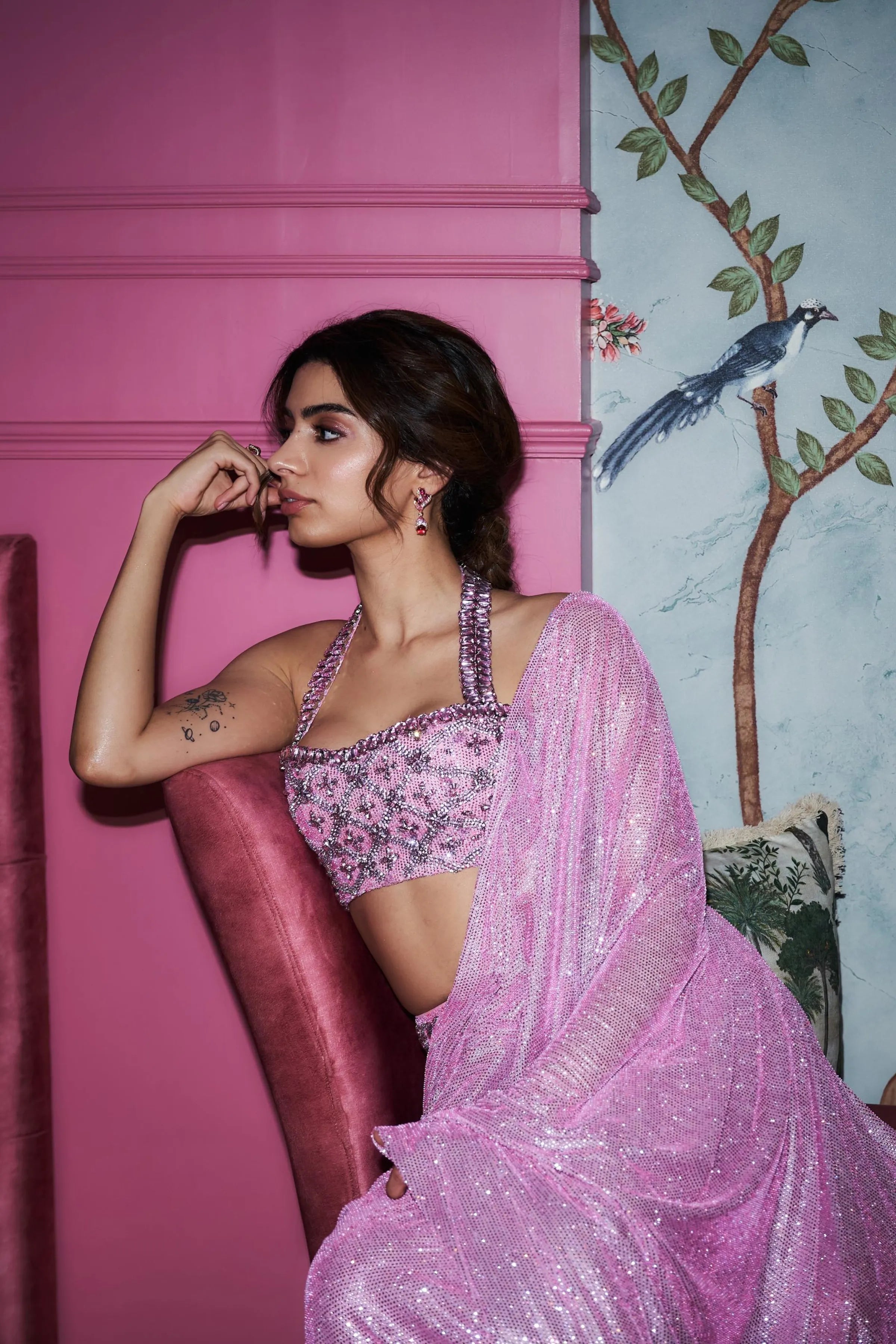 Khushi Kapoor in Pink Mystic Saree Set