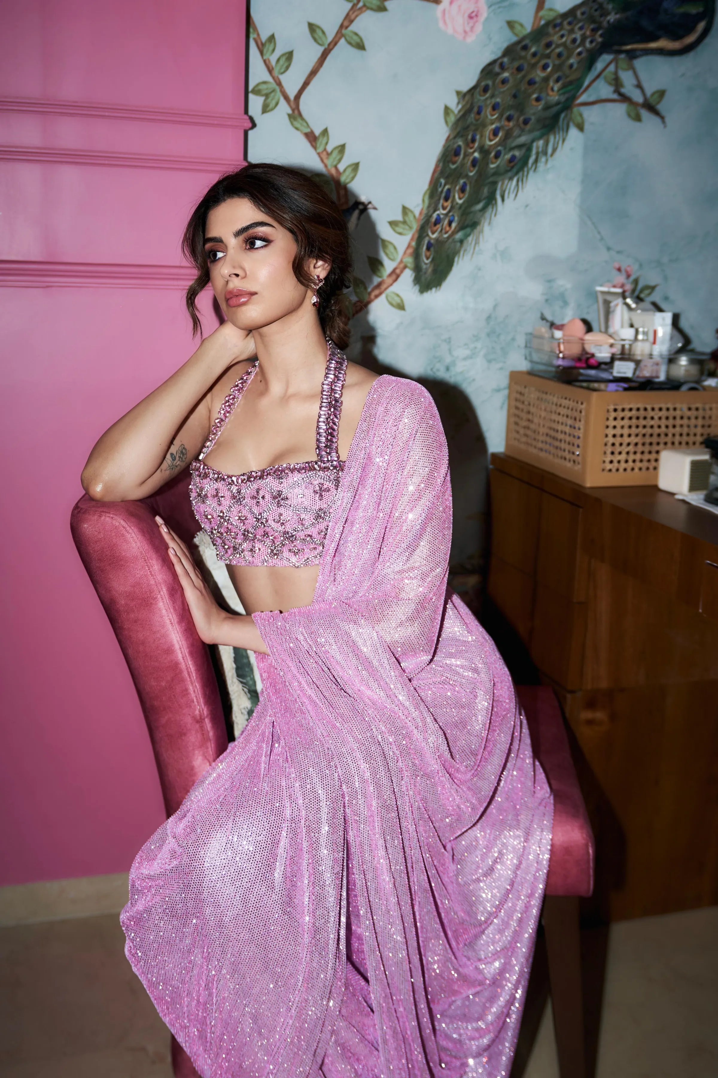 Khushi Kapoor in Pink Mystic Saree Set