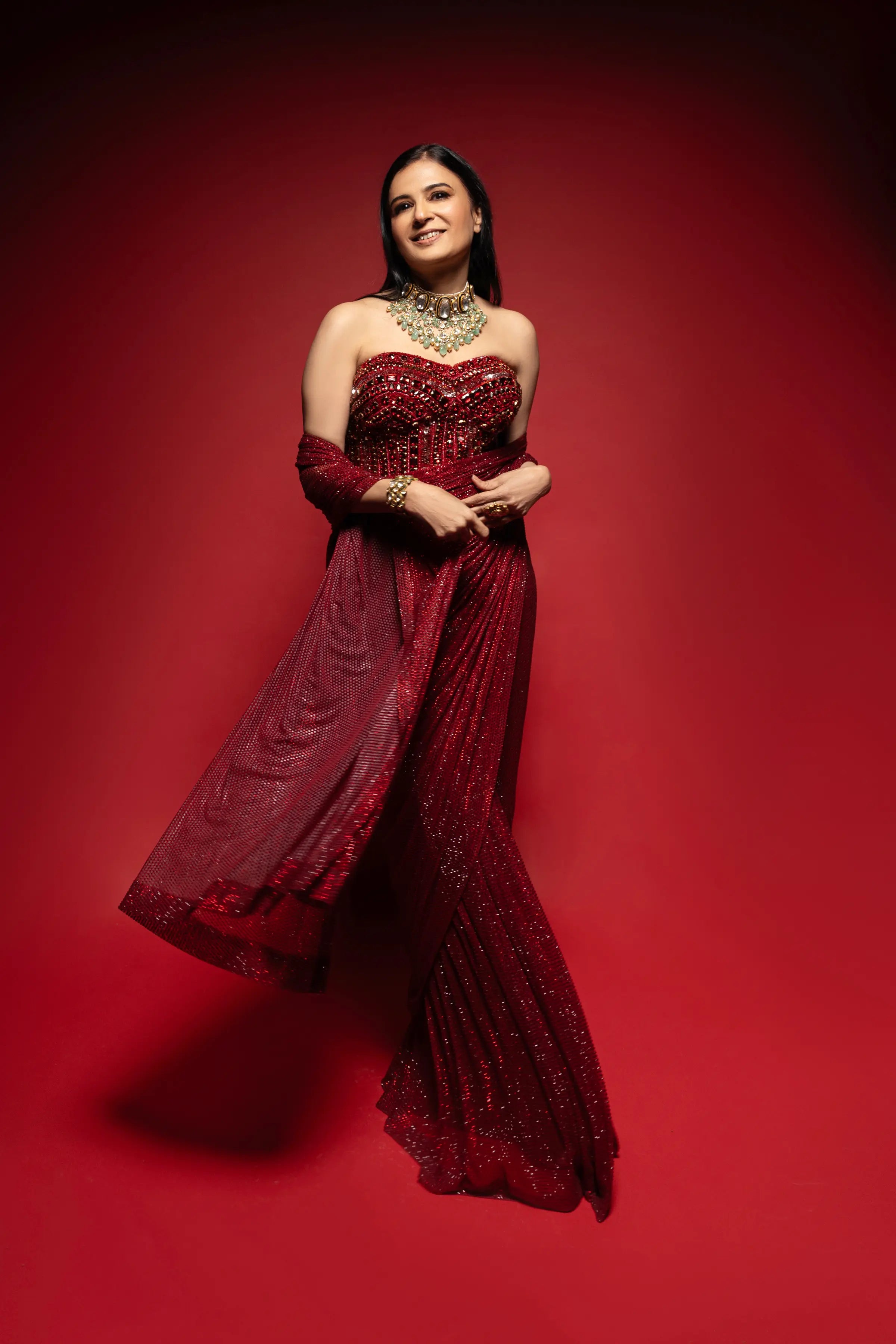 Divya Gurwara in Crimson Stardust Drape Set