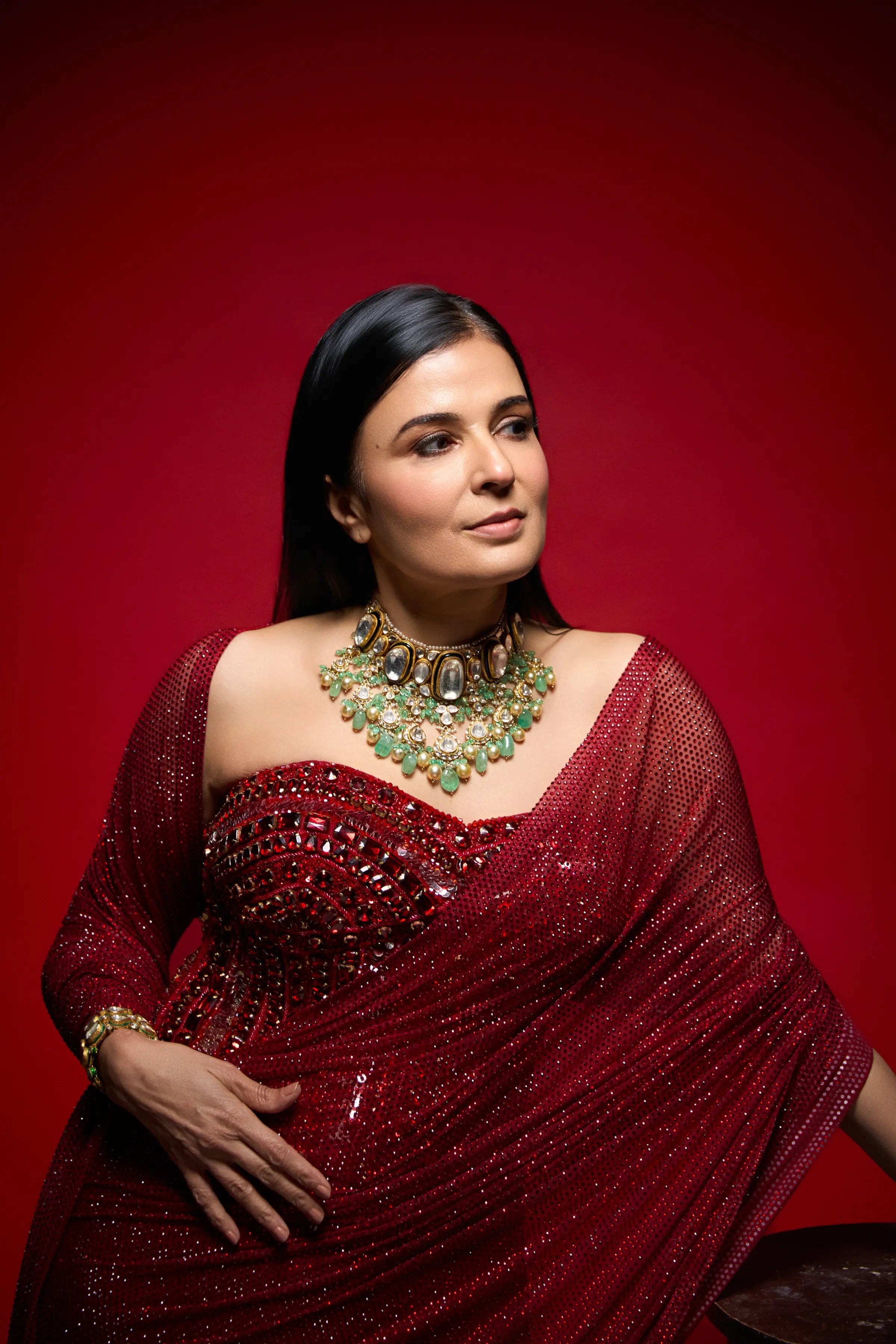 Divya Gurwara in Crimson Stardust Drape Set