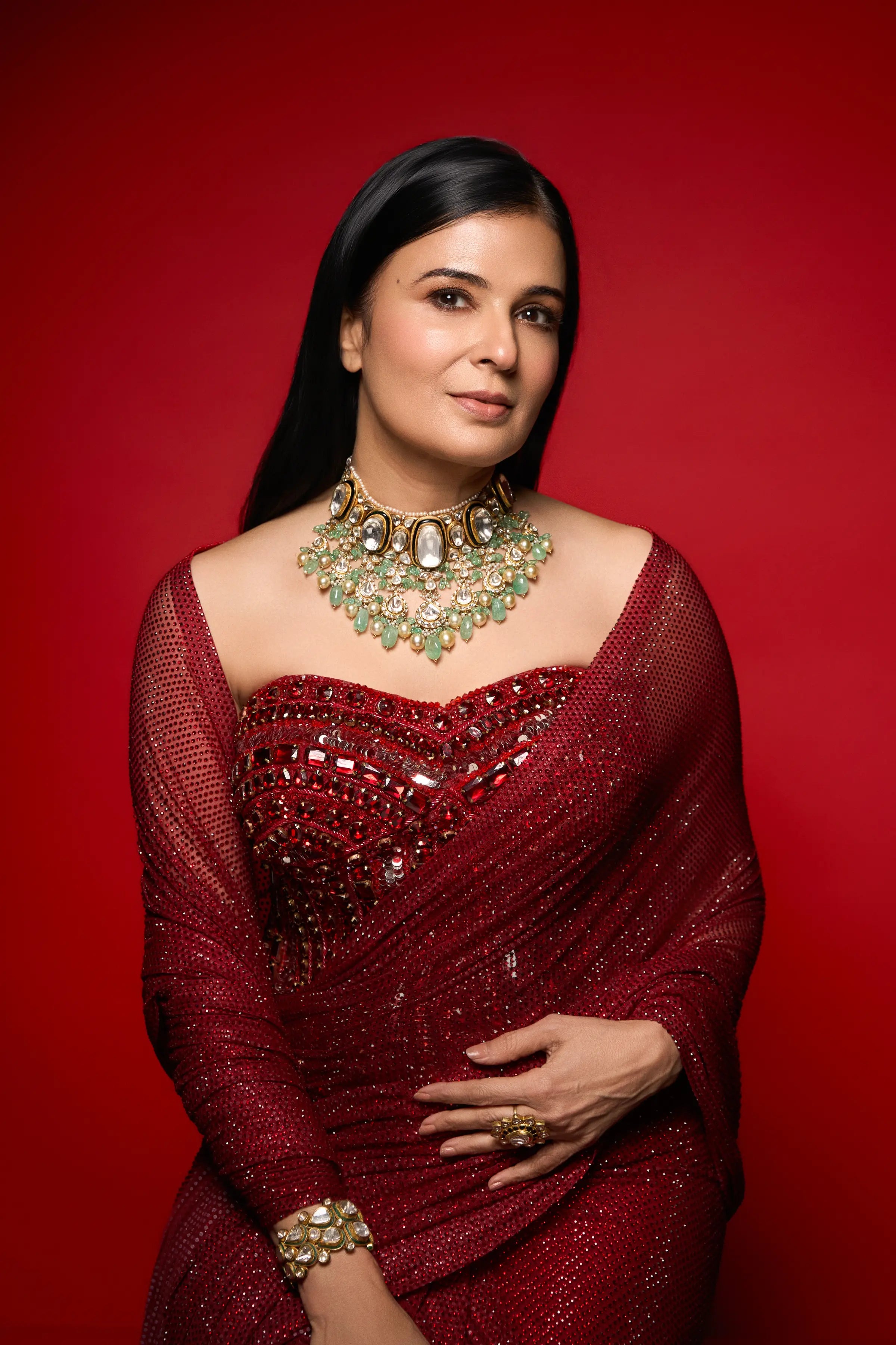 Divya Gurwara in Crimson Stardust Drape Set