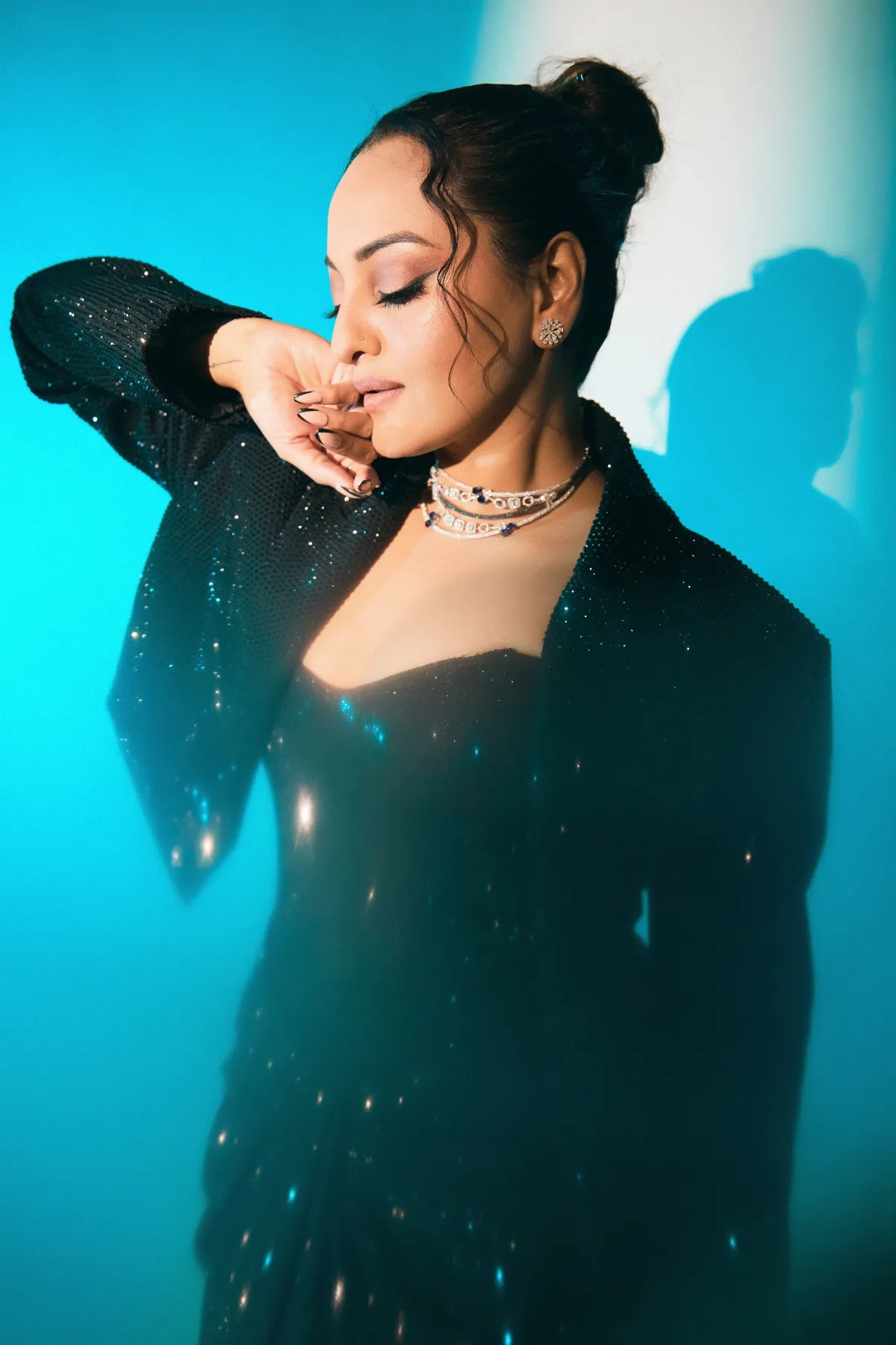 Sonakshi Sinha in Noir Eclipse Corset Drape Set