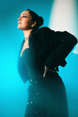 Sonakshi Sinha in Noir Eclipse Corset Drape Set