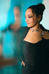 Sonakshi Sinha in Noir Eclipse Corset Drape Set
