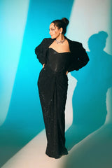 Sonakshi Sinha in Noir Eclipse Corset Drape Set