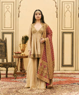 Sunhari-Gulal Tissue Bandhej Sharara Set