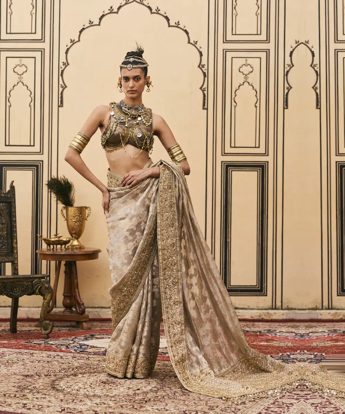 Dhoomra Tissue Brocade Metal Saree Set