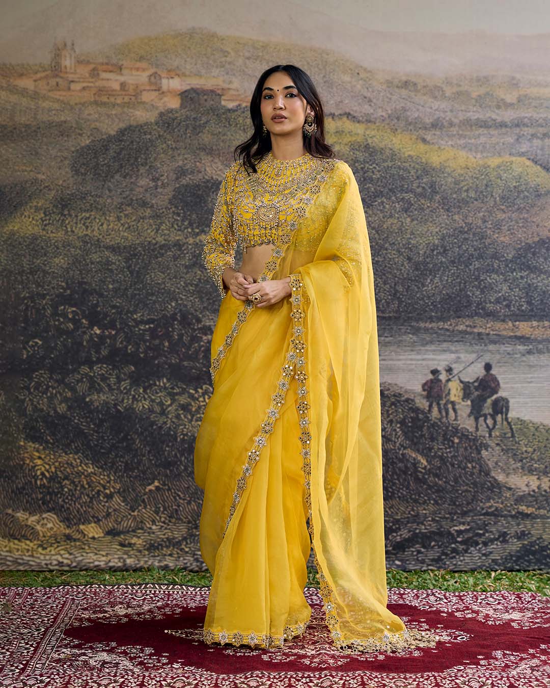 Peela Tara Organza Saree Set