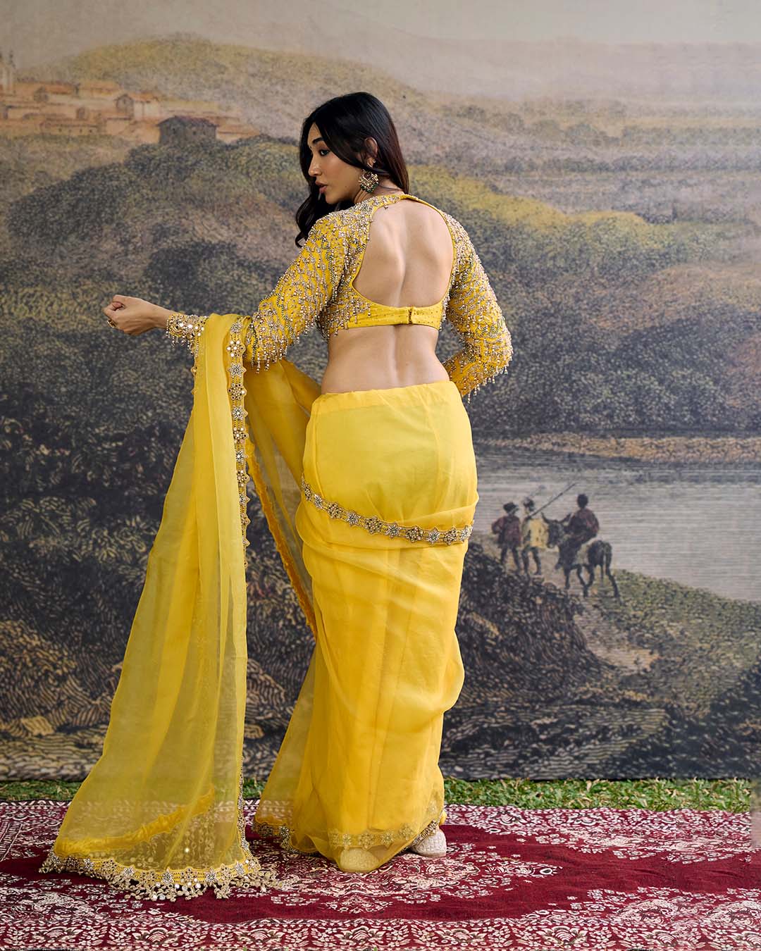 Peela Tara Organza Saree Set