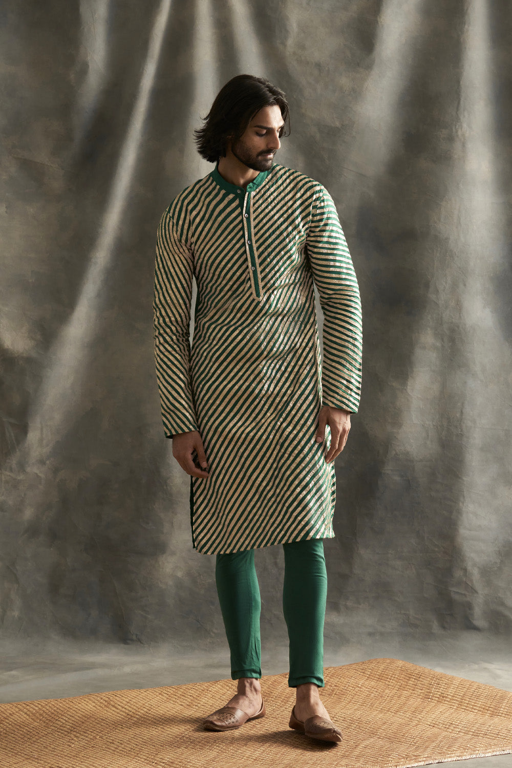 Teal Linen Kurta With Handmade Lampi Stripes