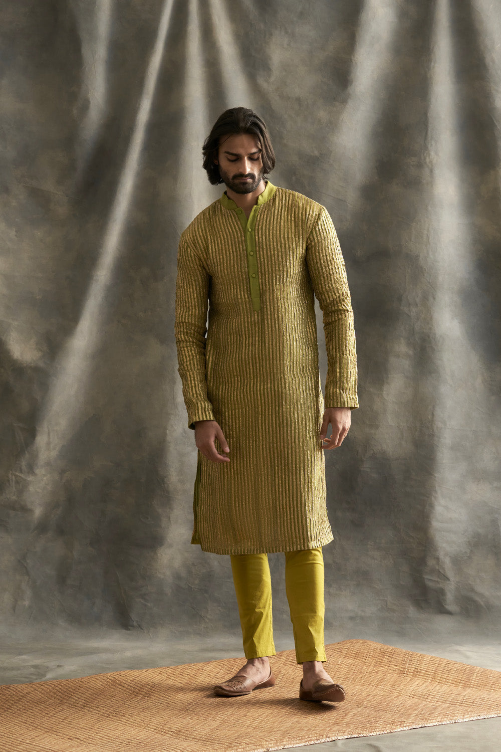 Light Green Linen Kurta With Handmade Lampi Stripes