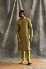 Light Green Linen Kurta With Handmade Lampi Stripes