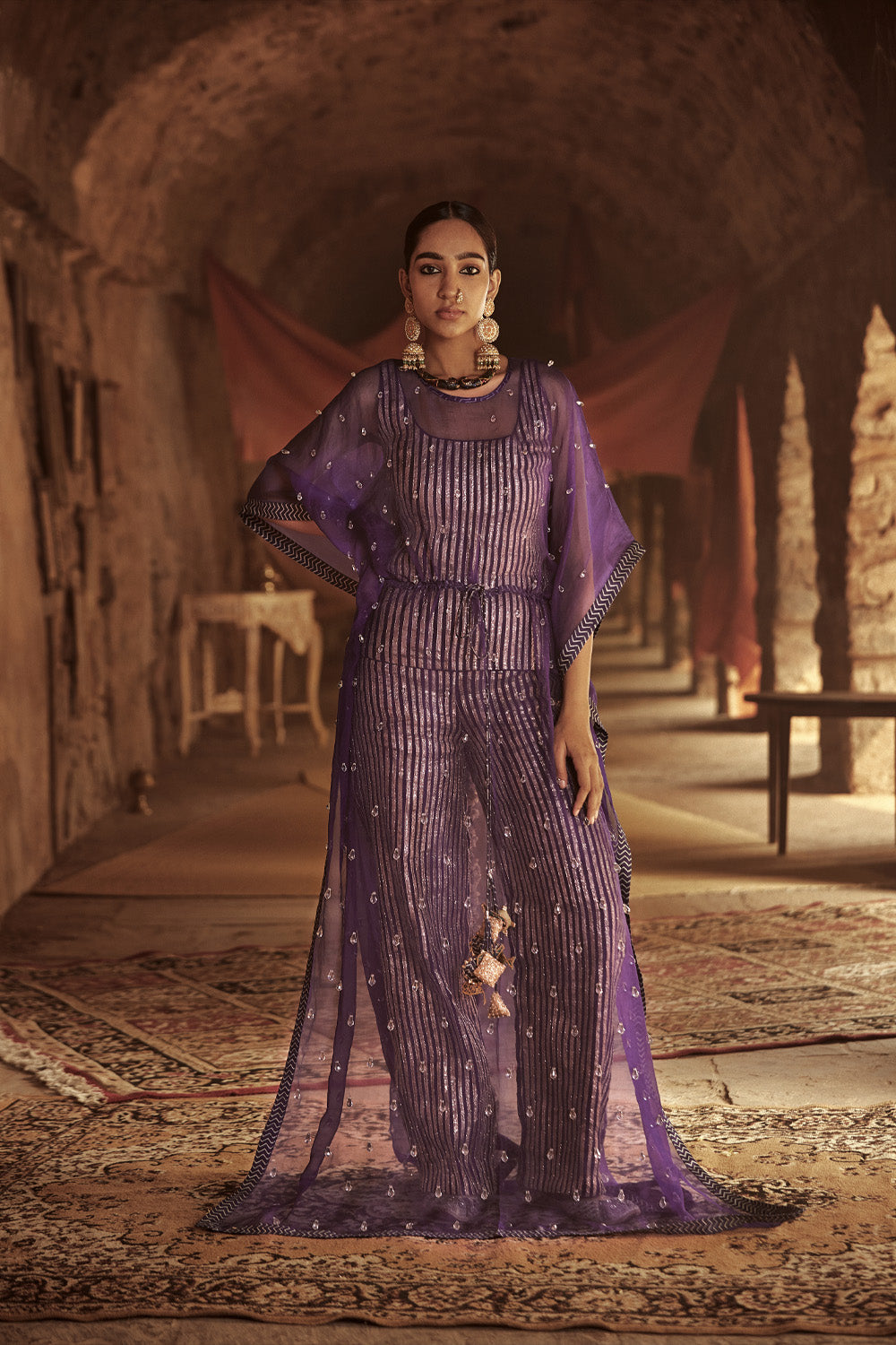 Purple Silk Organza Kaftan Set