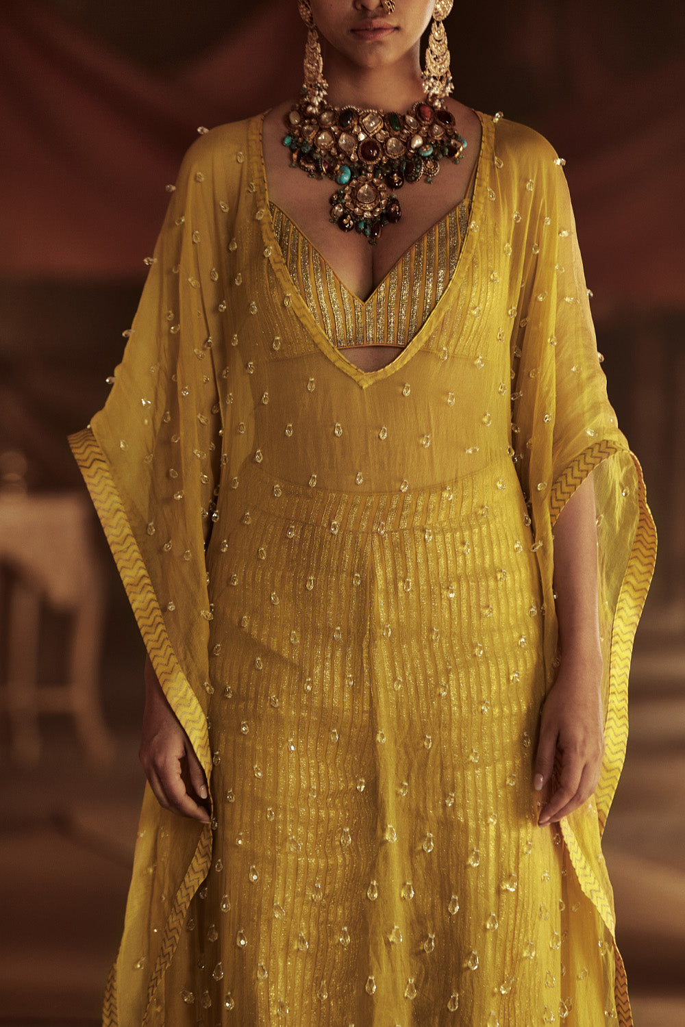 Yellow Silk Organza Kaftan Set