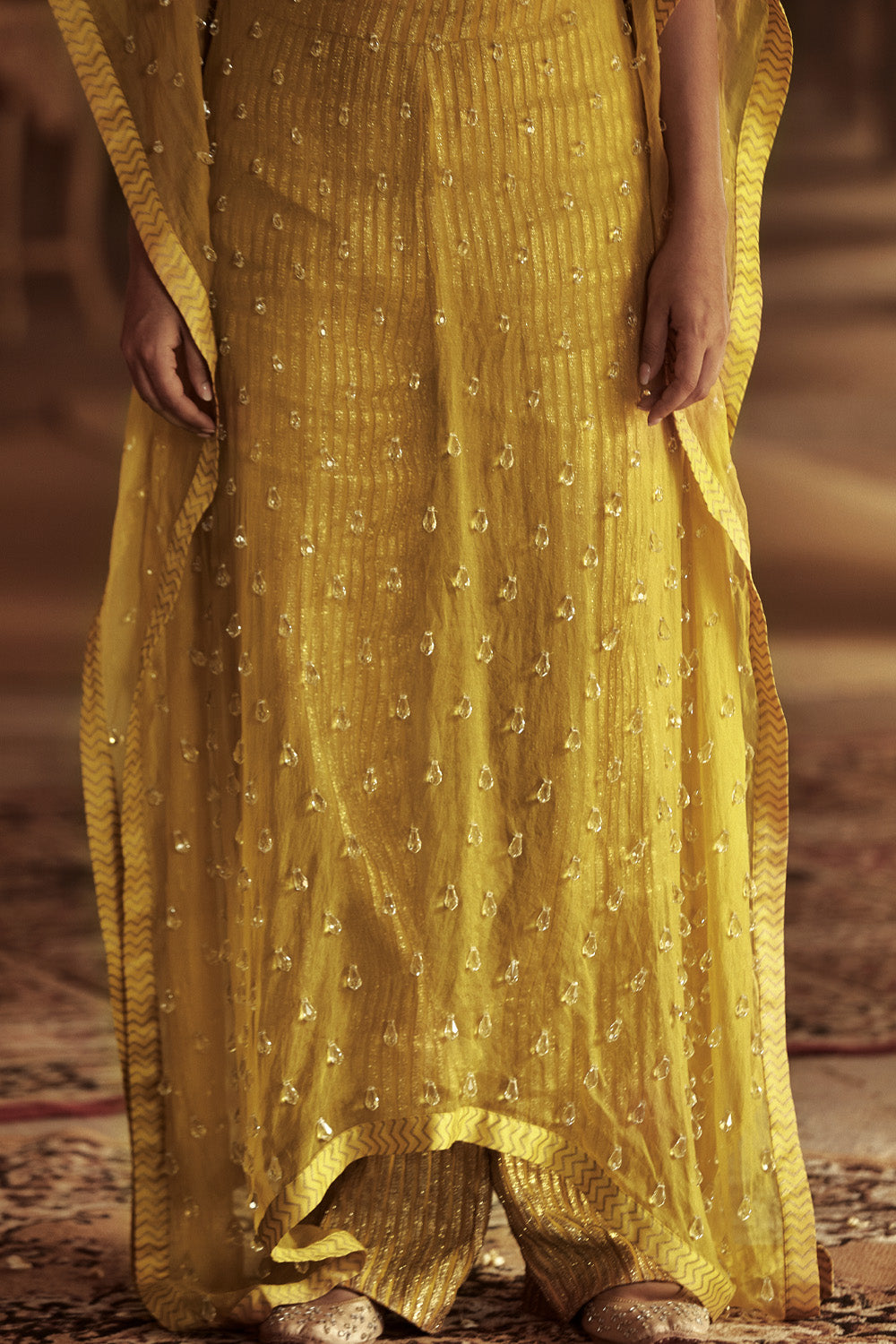 Yellow Silk Organza Kaftan Set
