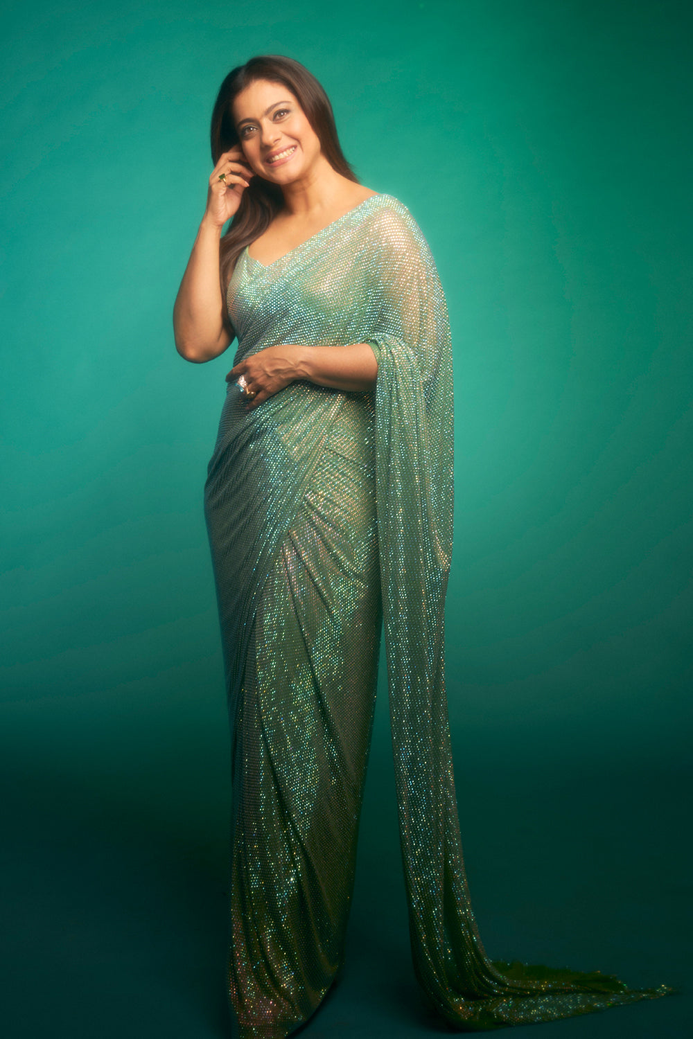 Kajol in Gleaming Mint Jewel Saree Set