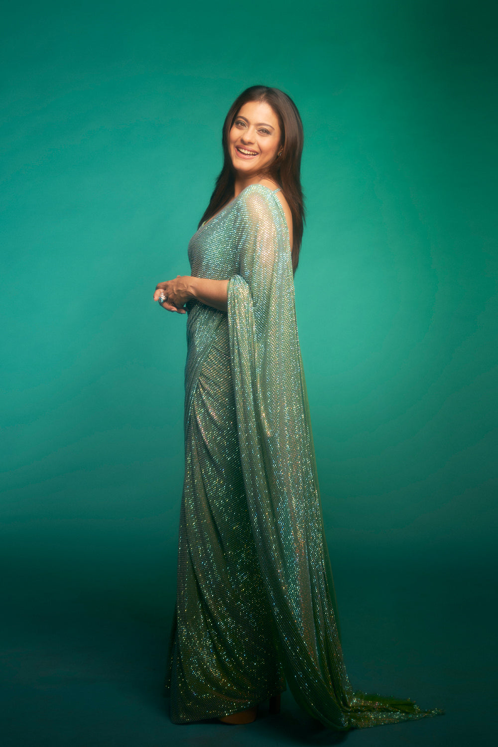 Kajol in Gleaming Mint Jewel Saree Set