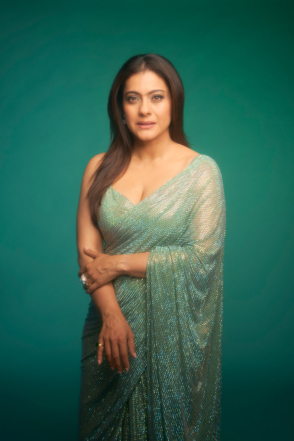 Kajol in Gleaming Mint Jewel Saree Set