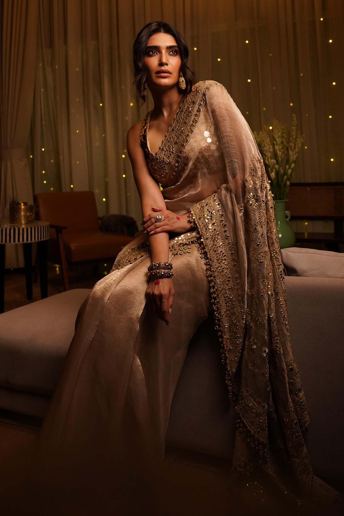 Karishma Tanna in Gaja Kavya Saree and Mirror Work blouse