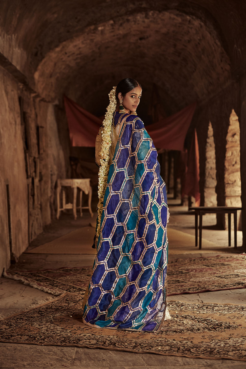 Multicolour Hexagon Stained Glass Pattern Dupatta Reinforced With Handmade Lampi