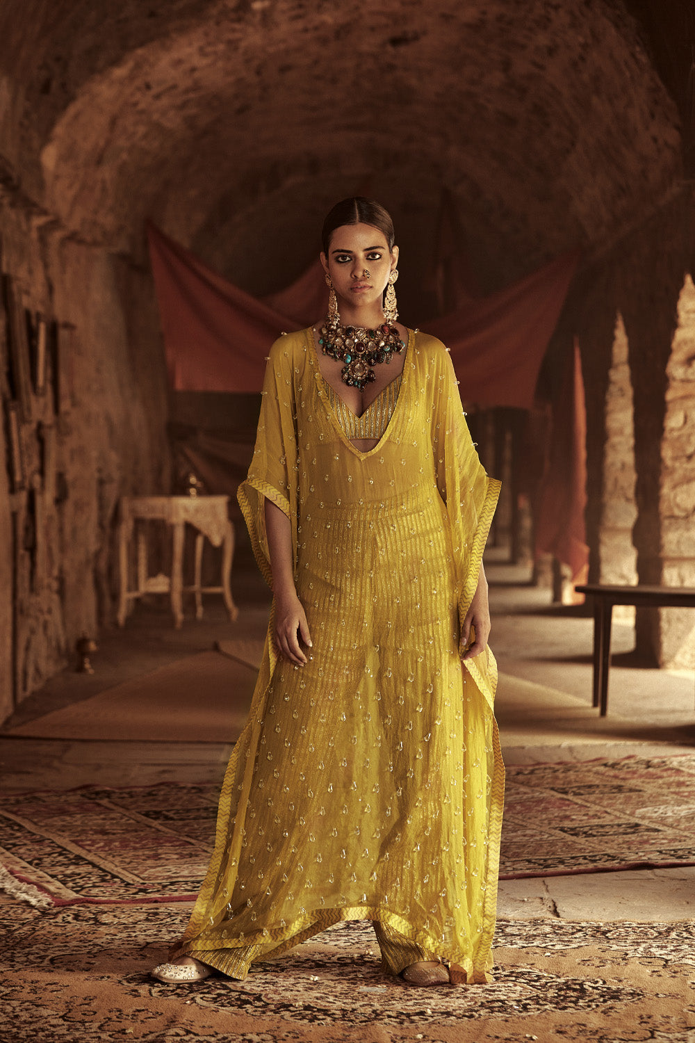 Yellow Silk Organza Kaftan Set